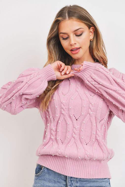 Mauve Pearl Embellished Cable Knit Sweater